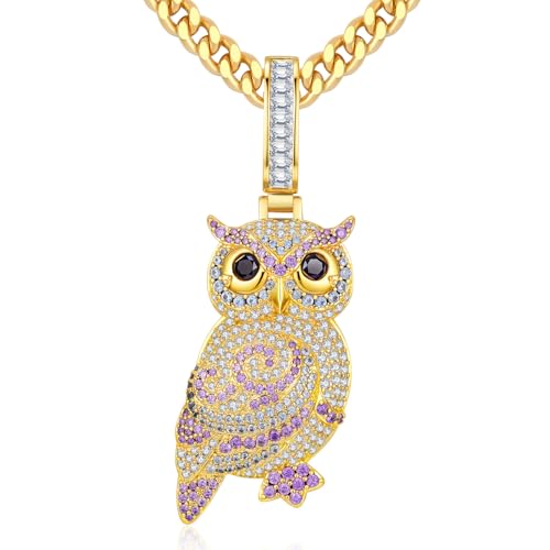 Iced Out Owl Pendant Necklace for Men with 5mm 24inch Cuban Chain 18K Gold/White Gold Plated in Gift Box