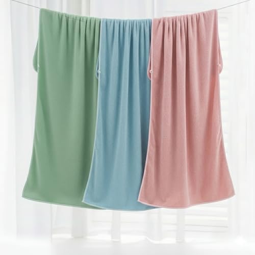 Image of Dribble Coral Fleece Weft Knitting 400gsm Bath Towel 70 x140cm | Ultra Soft, Quick Dry, Highly Absorbent | Lightweight & Skin-Friendly Towel for Bathroom, Gym & Travel, (Green /Blue /Pink, Pack of 3)