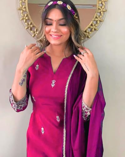 Image of Women Premium Collection Rayon Embroidered Straight Kurta Pant Dupatta Festive Ethnic Apparel Set