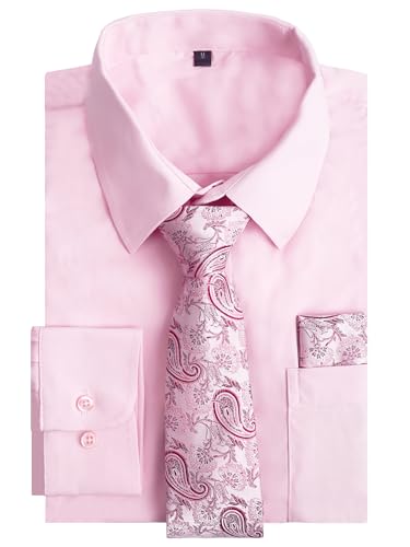 Alizeal Mens Long Sleeve Shirt Necktie & Pocket Square Set Formal Casual Business Wedding Button Down Dress Shirt Set, Light Pink-Maroon-S