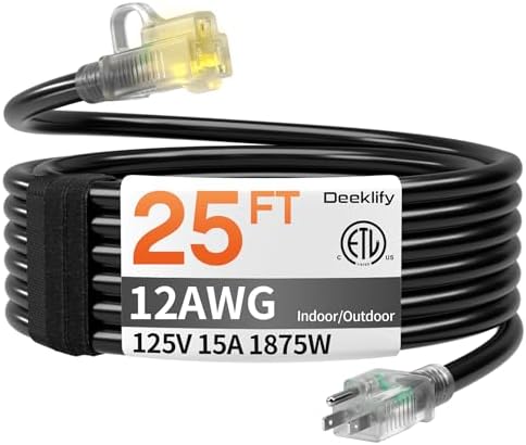 12AWG 25 FT Heavy Duty Outdoor Extension Cord Waterproof with Lighted End,Black 12 Gauge Extension Cord Flexible and Cold Resistant 3 Prong Grounded Plug,15Amp 1875W SJTW ETL Listed