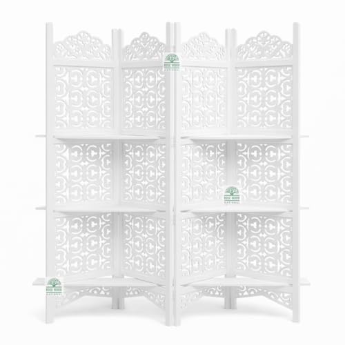Image of Wooden Room Divider 6 Feet, 4-Panel Folding Wooden Partition for Living Room, Office, Pooja Room, Restaurant, Kitchen & Balcony (2W x 1.82H Meters). (Milky White Shelves)