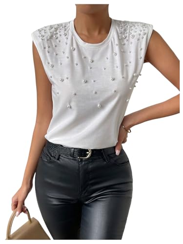 SOLY HUX Women's Pearl Cap Sleeve Crew Neck Tank Top Dressy Casual Summer Tops
