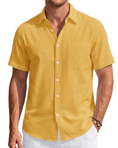 Image of J.VER Mens Linen Shirt Short Sleeve Button Down Casual Summer Shirts | Cotton Linen, Untucked, Big Tall, from Beach Camp Vacation, Cruise Fishing, Work Office, to Wedding Party Family, with Pocket