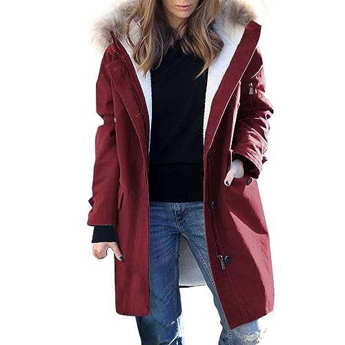 Manteau femme en laine rouge S chaud avec capuche protectrice style européen hivernal