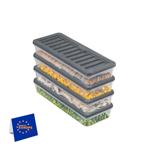 IDOBY Lot de 4 boîtes de conservation empilables, pour congélateur et réfrigérateur, avec couvercle, résistantes au gel jusqu'à -25 °C, réutilisables, pour charcuterie (4 x 1170)