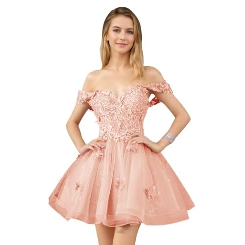 Glitter Tulle Homecoming Dresses for Teens Beaded Off Shoulder Short Prom Dresses Lace Cocktail Mini Dress One Size Blush