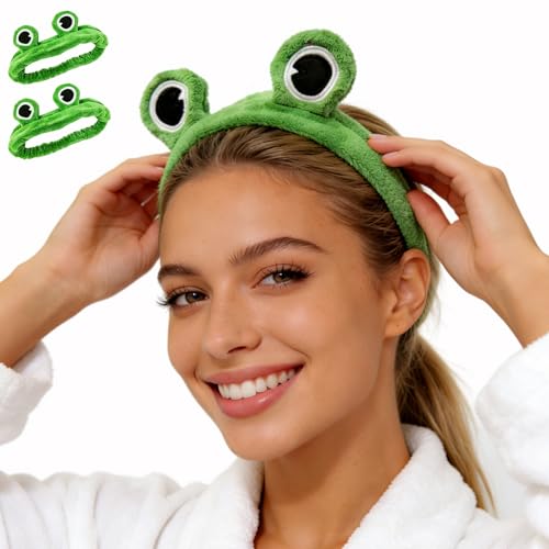 Globalnice 2 Pack Frog Headband for Women Teens Cute Animal Coral Fleece Hair Band for Face Wash Makeup Skincare Running Yoga Funny Novelty Party Costume Accessory