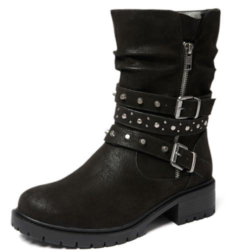 Women's Wide Width Ankle Boots True Plus Size Wide Foot Flat Slouchy Booties Comfort Riding Combat Rivet Short Boots for Women.