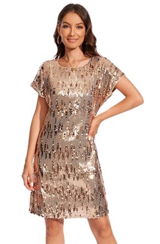 Image of Women's Crewneck Sequin Shift Dress Short Sleeve Casual Holiday Sparkly Party Dress