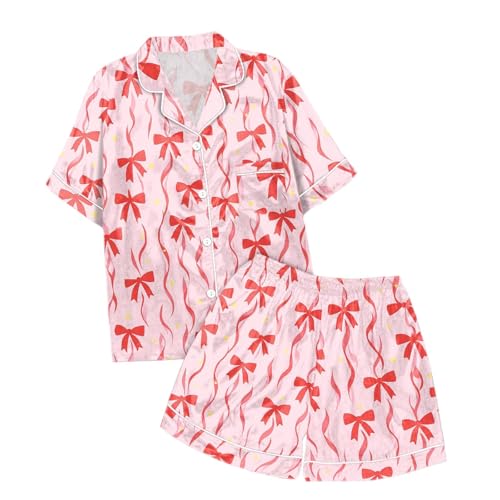Image of Valentines Pajamas For Women Short Sleeve 2 Piece Set Valentine Day Outfit Bow Heart Print Button Soft Sleepwear