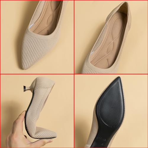 Women's Knit Kitten Heel Pumps Fashion Pointed Toe Shallow Mouth Slip On Comfortable Heels Casual Work Office Business Wedding Formal Dress Shoes2