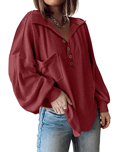 BTFBM Womens Fall Fashion 2026 Long Sleeve Shirts Casual V Neck Ribbed Knit Blouses Pullover Trendy Loose Fit Tunic Tops(Turndown Wine Red, Large)