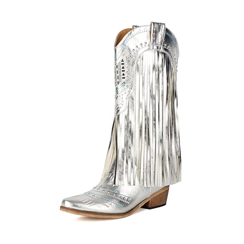 Fringe Cowboy Boots for Women Wide Calf Embroidered Tassal Cowgirl Boot Knee High Snip Toe Pull On Western Shoes 6 Sliver