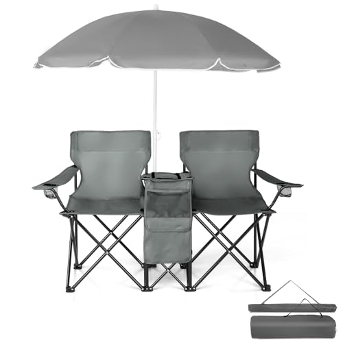 Outvita Silla plegable doble de camping con paraguas, soporte para bebidas, bolsa de transporte, mesa plegable, gran capacidad de carga para playa, patio, piscina, parque, al aire libre, color gris
