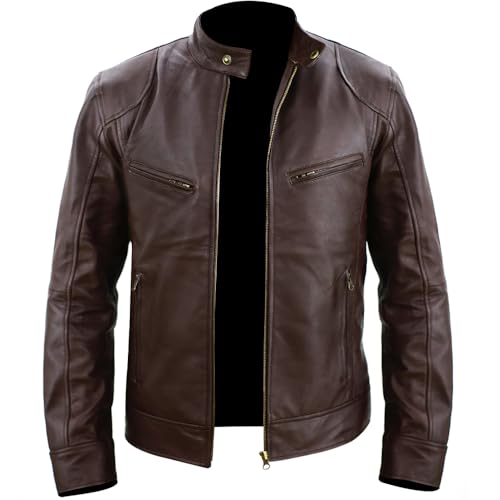 Rising Bloom Men's Real Leather Jacket Biker Motorcycle Cafe Racer Vintage Retro Bomber Winter Black Genuine Leather Jacket (as8, alpha, x_l, regular, regular, Brown)