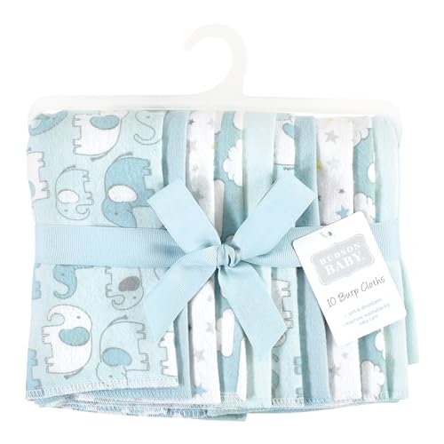 Image of Hudson Baby Unisex Baby Cotton Poly Flannel Burp Cloths, Boy New Elephant 10-Pack, One Size