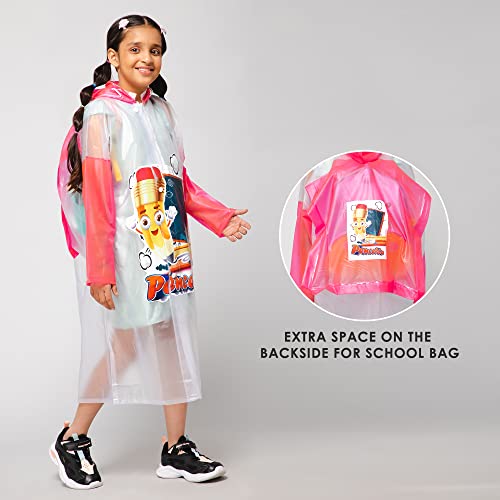 Image of THE CLOWNFISH Toon Caper Series Kid's Waterproof PvcLong Length Coat With Adjustable Hood & Extra Space For Backpack /Schoolbag Holding. Printed Plastic Pouch.
