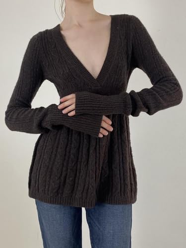 Women Y2K Long Sleeve Square Neck Pleated Knitted Tunic Tops Loose Fit Vintage Babydoll Lightweight Sweaters4