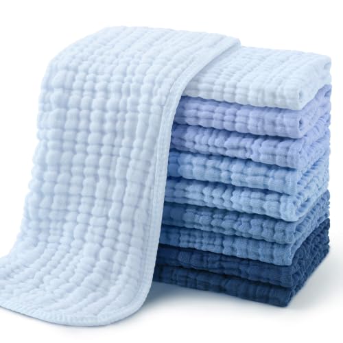 Image of Yoofoss Muslin Burp Cloths for Baby 10 Pack 100% Cotton Baby Washcloths for Boys Girls Large 20''X10'' Super Soft and Absorbent Progressive Blue