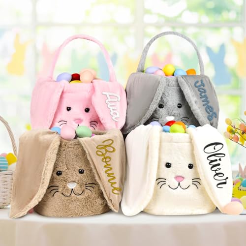 Artiglow Personalized Plush Easter Basket for Boys and Girls, Embroidered Bunny Ears Egg Hunt Basket with Custom Name, Soft Fillable Gift Bakset, First Easter, Fluffy, 9", White Pink Brown Grey