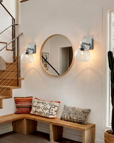 Image of Bathroom Light Fixtures, 1-Light Silver Vanity Light with Hand-Blown Thick Glass Shade, High Clarity & Durable, Wall Sconce for Mirror, Kitchen, Bedroom, Hallway