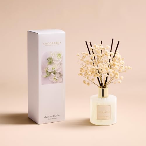 Image of COCORRINA Reed Diffuser - Jasmine & Mint 6.7 Fl.oz Reed Diffuser Set with Sticks & Preserved Baby's Breath, Reed Diffuser for Home Bathroom Shelf Decor