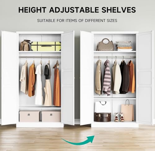 Metal-Wardrobe-Cabinet-with-Hanging-RodWhite-Armoire-Wardrobe-ClosetMetal-Clothing-Storage-Cabinet-with-Adjustable-Shelves-and-Doors72-Wardrobe-Storage-Cabinet-for-HomeLivingLaundry-Room Metal Wardrobe Cabinet with Hanging RodWhite Armoire Wardrobe ClosetMetal Clothing Storage Cabinet with Adjustable Shelves and Doors72 Wardrobe Storage Cabinet for HomeLivingLaundry Room