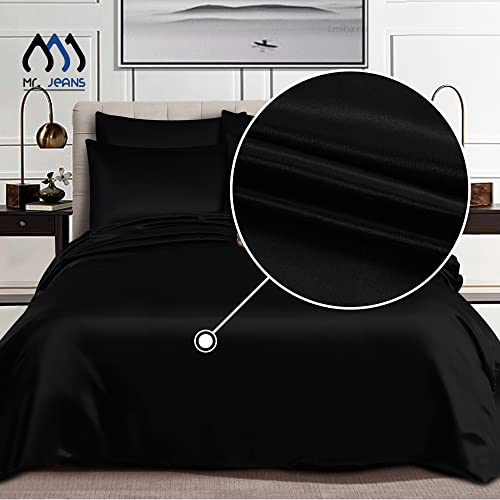 Mr Jeans Satin Silk Duvet Cover Sets - 6 PCS - Quilt Cover Bedding Set With Fitted Sheet + 4 Pillow Cases, Black - Double
