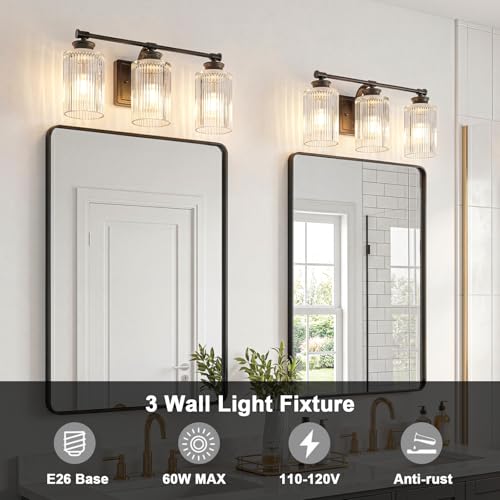 Image of Black Bathroom Vanity Light Fixtures, 3-Light Vanity Light 18 Inch