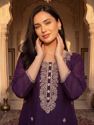Image of INDO ERA Women's Silk Blend Embroidered Thread Work Kurta & Pant with Dupatta Set | Suit Set For Women