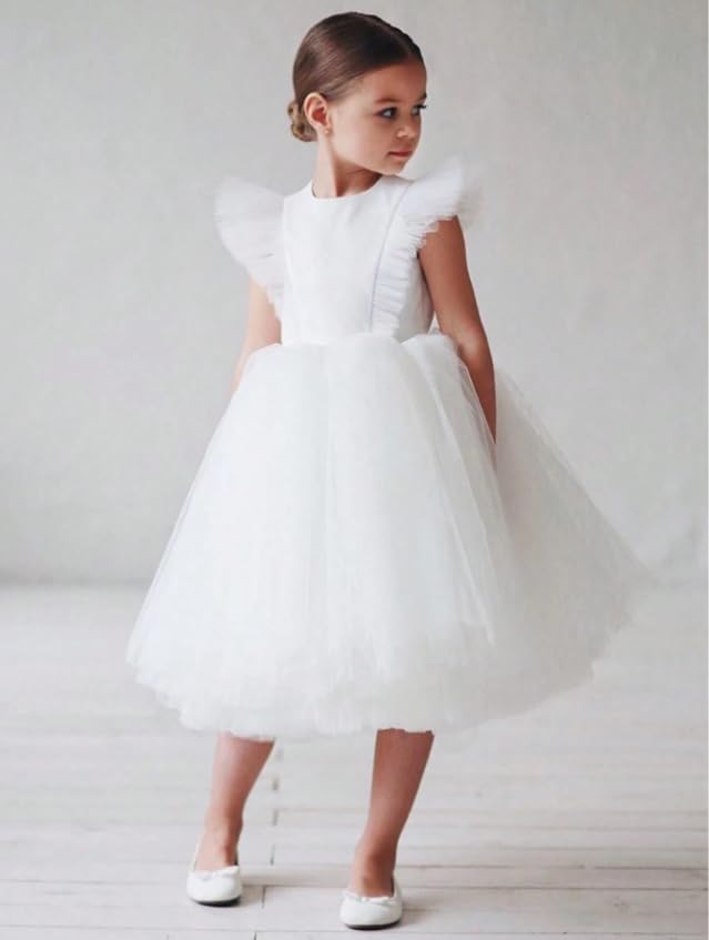 Girls Ruffled Sleeve Mesh Dress Fancy Tulle Casual Pageant Homecoming Party Dresses3