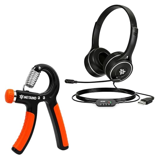 Image of Metaind USB Headset with Noise Cancelling Mic Meta MT30 & Adjustable Hand Gripper Combo | Wired Headphones for Office, Gaming, Online Classes, Work from Home