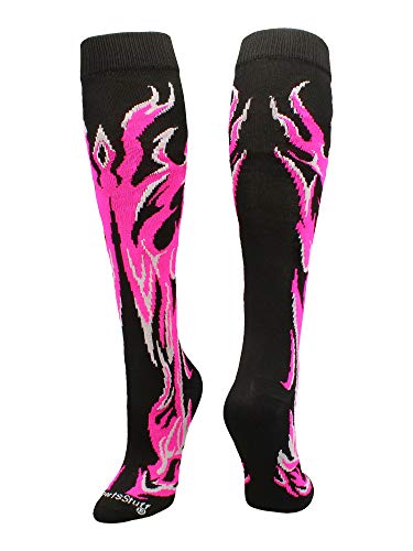 MadSportsStuff Flame Socks Athletic Over the Calf Socks (Black/Neon Pink/Pale Pink, Small)