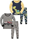 SOIBEEN Pyjamas für Jungen Bagger LKW Nachtwäsche Baumwolle Kleidung Kinder Nachtwäsche Langarm PJs Set 4-teiliges Outfit 7 Jahre