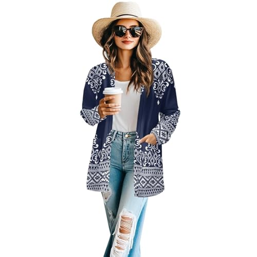 Image of Women's Aztec Open-Front Jacket Lightweight Casual Outerwear Native Western Aztec Pattern & Plaid Houndstooth Print