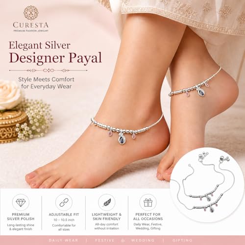 Image of Silver Polish Designer Payal for Women & Girls | Stylish Anklet with Beads & Stone Charms | Lightweight Daily Wear Anklet | Traditional & Modern Jewelry Gift