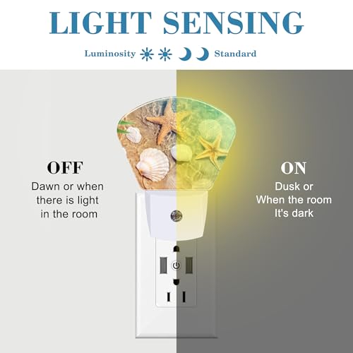 Image of Starfish and Seashell Night Light for Kids, Beach in Sea Water LED Night Light Plug into Wall with Dusk to Dawn Sensor for Girls Boys Women Men Room, Hallway, Kitchen, Bathroom, Stairs Decor