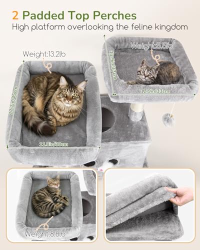 Image of Globlazer Heavy Duty Cat Tree Tower 80in Tall Extra Large Cat Tree Tower for Multiple Indoor Cats Large Adult with Scratching Posts, 2 Spacious Condos, Padded Perches, Soft Hammock, S80B, Light Grey