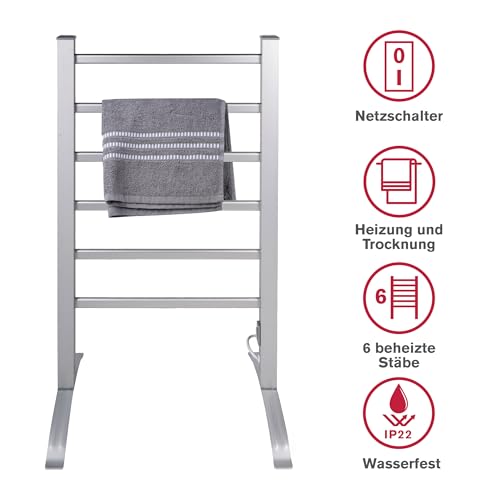 Dirt Devil Wäscheständer Handtuchheizkörper Elektrisch - Handtuchalter Heizkörper Freistehend oder Wandmontage - 6 Stäbe für Kleidung und Handtücher - Aluminium Grau - Beheizbarer Wandheizkörper
