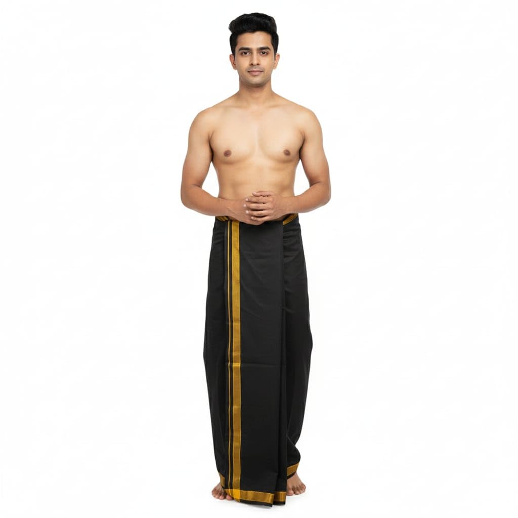 Master Gold Zari Black Cotton Dhoti for Men | Traditional South Indian Veshti with Gold Zari Border | Soft, Breathable & Elegant | Pooja, Wedding & Festival Wear | 2 Meter-image-26