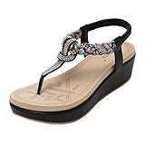 MIOKE Women's Bohemia Rhinestone Wedge Sandals Summer T-strap Thong Braid Beach Platform Flip Flops Shoes