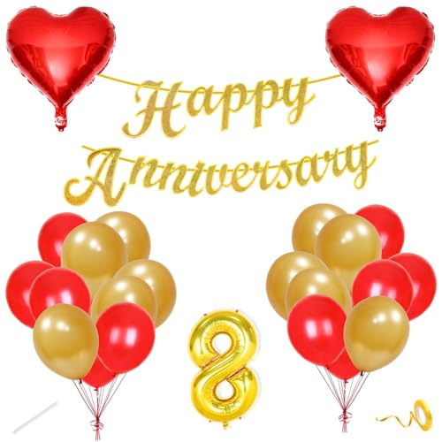 Image of Flyloons 8th Happy Anniversary Decoration Items Red Gold for Men Women Husband Wife Mom Dad Parent Couple Home Bedroom Car With 20 Pcs Metallic Balloons Anniversary Banner 2 Pcs Heart Set Kit