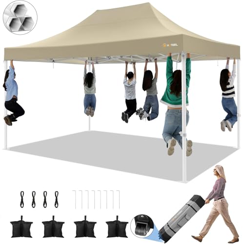 Image of HOTEEL 10x15 Pop up Canopy Tent for Parties, Heavy Duty Easy Setup Tent Without Sidewalls, Outdoor Commercial Instant Gazebo for Wedding Event, with Roller Bag & Sand Bags, Khaki(Hexagonal Frame)