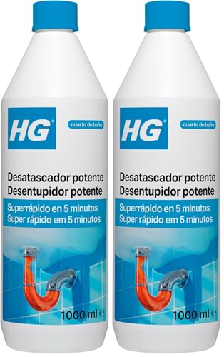 HG Desatascador Potente de Tuberías y Desagües, Elimina Eficazmente los Atascos, Limpiador Líquido para Tuberías y Desagües Bloqueados en Fregaderos o Platos de Ducha - 1L (139100130) (Paquete de 2)