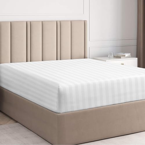 Pizuna Cotton Striped King Fitted Sheet 180x200 cm White 300 Thread Count 100% Long Staple Cotton Sateen Weave 40cm Deep Pocket Bedsheet (Fitted Bed Sheet -1PC)