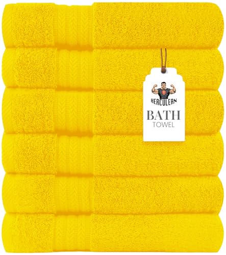 HERCULEAN Large Bath Towels 24 x 50 Pack of 6 | Quick Dry and Highly Absorbent | 100% Cotton Terry Towels for Bathroom - Perfect for Shower - Pool and Spa - Luxury Soft Towels - Lemon Yellow