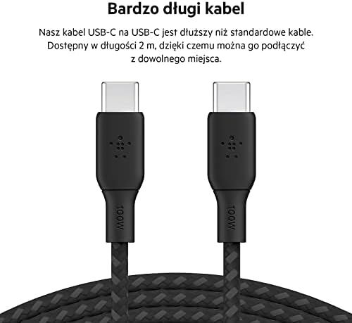 Belkin CAB014bt2MBK Kabel USB typu C na C (2 m), ładowanie w trybie Power Delivery z mocą 100 W, certyfikat USB-IF 2.0, podwójnie pleciona nylonowa powłoka, czarny, 2M