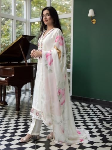 Image of INDO ERA Women's Liva Floral Embroidered Thread Work A-Line Kurta & Pant with Dupatta Set | Anarkali Kurta Set With Dupatta