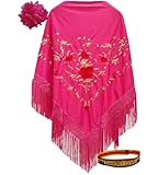 Planta Color Mantón Bordado de Flores con Abalorios de Lunares (Collar,Pulsera y Pendientes) y Pulsera de Tela con Diseño para Amantes del Flamenco (Rosa Flor)